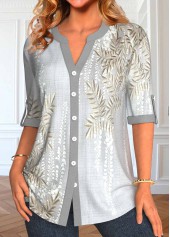 Light Grey Button Leaf Print Half Sleeve Blouse | thumb picture 