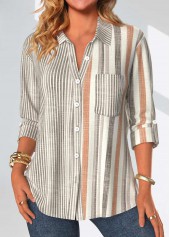 Grey Button Striped Long Sleeve Shirt Collar Blouse