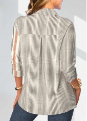 Grey Button Striped Long Sleeve Shirt Collar Blouse | thumb picture 