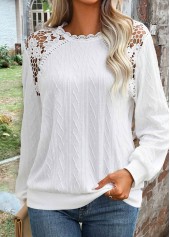 White Lace Long Sleeve Round Neck Sweatshirt