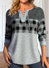 Light Grey Marl Lace Up Plaid T Shirt