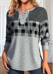 Light Grey Marl Lace Up Plaid T Shirt | thumb picture 