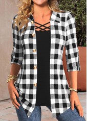 Shirt Collar Black Fake 2in1 Plaid Blouse