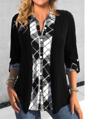 Black Button Fake 2in1 Plaid Blouse