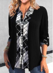 Black Button Fake 2in1 Plaid Blouse | thumb picture 