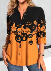 Halloween Orange Button Plus Size Pumpkin Print Shirt | thumb picture 