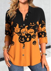 Halloween Orange Button Plus Size Pumpkin Print Shirt