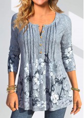 Dusty Blue Tuck Stitch Random Floral Print Blouse