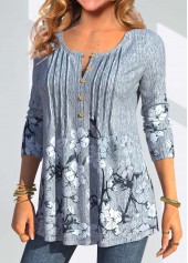 Dusty Blue Tuck Stitch Random Floral Print Blouse | thumb picture 