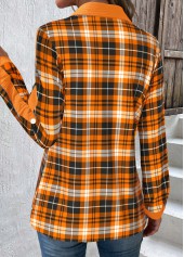 Orange Patchwork Plaid Long Sleeve Shirt Collar Blouse