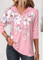 Pink Button Floral Print Long Sleeve Hoodie