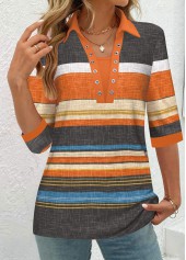 Orange Eyelet Striped 3/4 Sleeve Shirt Collar Blouse