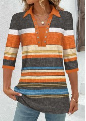 Orange Eyelet Striped 3/4 Sleeve Shirt Collar Blouse | thumb picture 