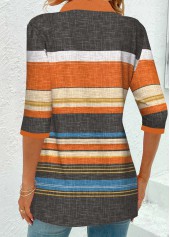 Orange Eyelet Striped 3/4 Sleeve Shirt Collar Blouse | thumb picture 