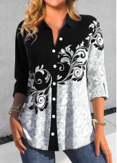 Black Asymmetry Random Floral Print Blouse