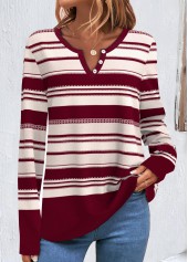 Wine Red Button Striped Long Sleeve Sweatshirt