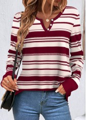 Wine Red Button Striped Long Sleeve Sweatshirt | thumb picture 