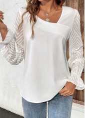 White Ruched Long Sleeve Asymmetrical Neck T Shirt