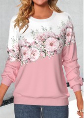 Valentine's Day Pink Patchwork Floral Print Long Sleeve Sweatshirt