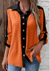 Orange Patchwork Long Sleeve Shirt Collar Blouse