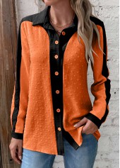 Orange Patchwork Long Sleeve Shirt Collar Blouse | thumb picture 