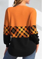 Orange Patchwork Plaid Long Sleeve V Neck Sweatshirt