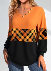 Orange Patchwork Plaid Long Sleeve V Neck Sweatshirt