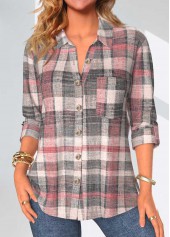 Coral Button Plaid 3/4 Sleeve Shirt Collar Blouse