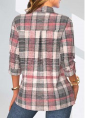 Coral Button Plaid 3/4 Sleeve Shirt Collar Blouse | thumb picture 