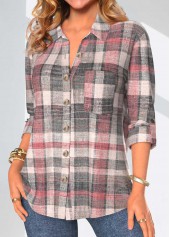 Coral Button Plaid 3/4 Sleeve Shirt Collar Blouse | thumb picture 