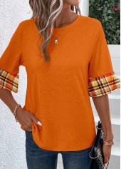 Orange Patchwork Plaid Long Sleeve T Shirt | thumb picture 