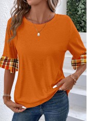 Orange Patchwork Plaid Long Sleeve T Shirt | thumb picture 