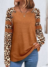 Dark Camel Patchwork Leopard Long Sleeve T Shirt
