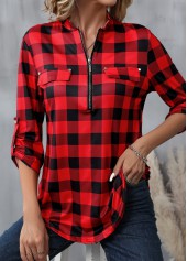 Red Zipper Plaid Long Sleeve High Neck Blouse | thumb picture 