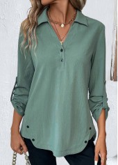 Sage Green Button Long Sleeve Shirt Collar Blouse