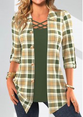 Sage Green Fake 2in1 Plaid Blouse