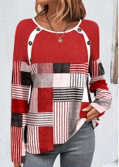 Red Button Geometric Print Long Sleeve T Shirt