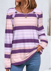 Purple Button Striped Long Sleeve T Shirt