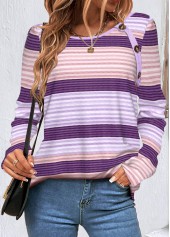Purple Button Striped Long Sleeve T Shirt | thumb picture 