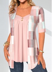Light Pink Patchwork Geometric Print Fake Two Piece Twinset