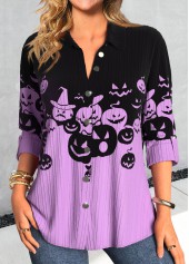 Halloween Purple Button Long Sleeve Shirt Collar Blouse