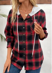 Red Patchwork Plaid Long Sleeve Hooded Coat | thumb picture 