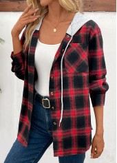 Red Patchwork Plaid Long Sleeve Hooded Coat | thumb picture 