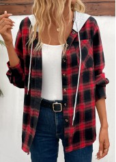 Red Patchwork Plaid Long Sleeve Hooded Coat | thumb picture 