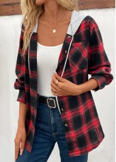 Red Patchwork Plaid Long Sleeve Hooded Coat | thumb picture 