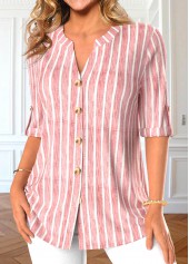 Light Pink Button Striped Half Sleeve Blouse | thumb picture 