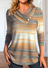 Multi Color Button Striped Long Sleeve T Shirt