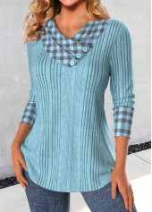 Dusty Blue Patchwork Plaid Long Sleeve Sweatshirt | thumb picture 