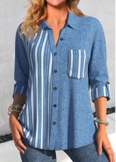 Denim Blue Patchwork Denim-effect Print Long Sleeve Blouse