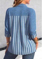 Denim Blue Patchwork Denim-effect Print Long Sleeve Blouse | thumb picture 